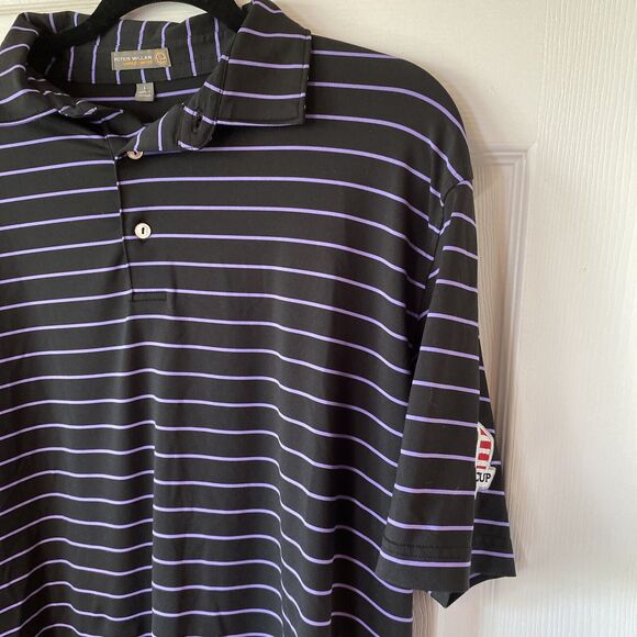 Peter Millar Polo Shirt Mens Large Summer Comfort Corwin Cup Patch Purple Stripe - Picture 6 of 12